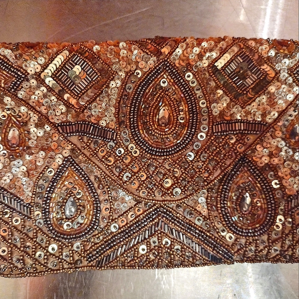 Stephanie Nicole New York multi-colored beaded clutch with gold crossbody strap